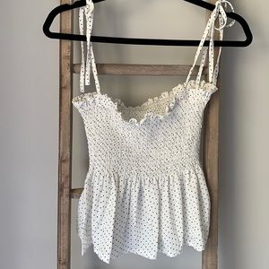 SHEIN Peplum Style Tank Top, White with Black Polka Dots, Tie Straps, Size Small